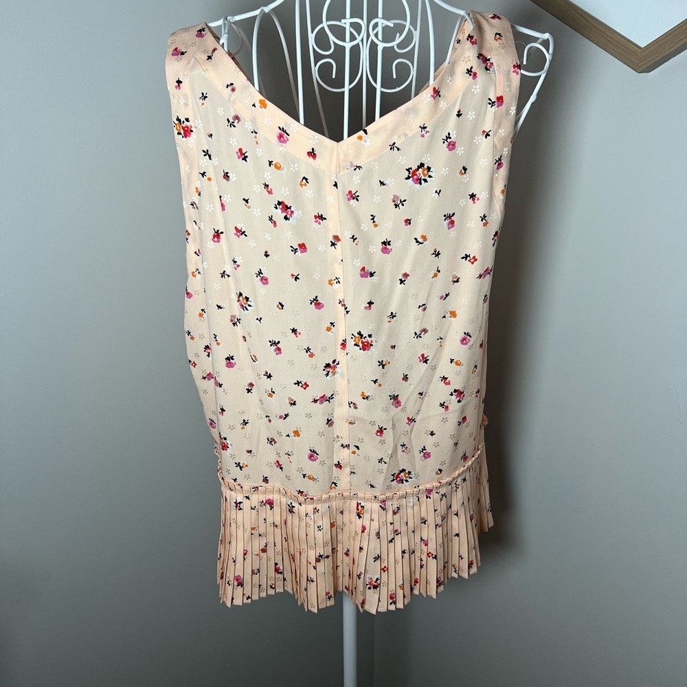 Rebecca Taylor Floral Silk Blouse Pleated V-Neck Pink Peach Size 10 - Picture 4 of 6